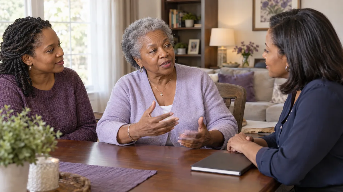 Illustrative scene of an older adult leading a conversation with a family member and care coordinator