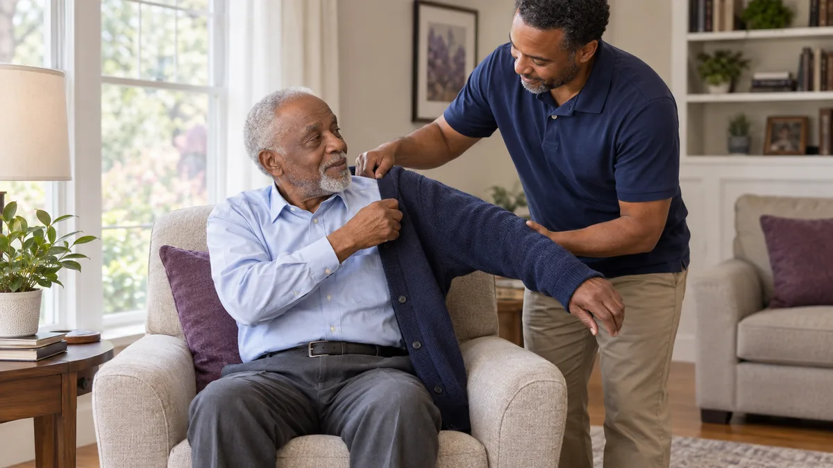 Illustrative scene of an older adult receiving respectful help putting on a cardigan