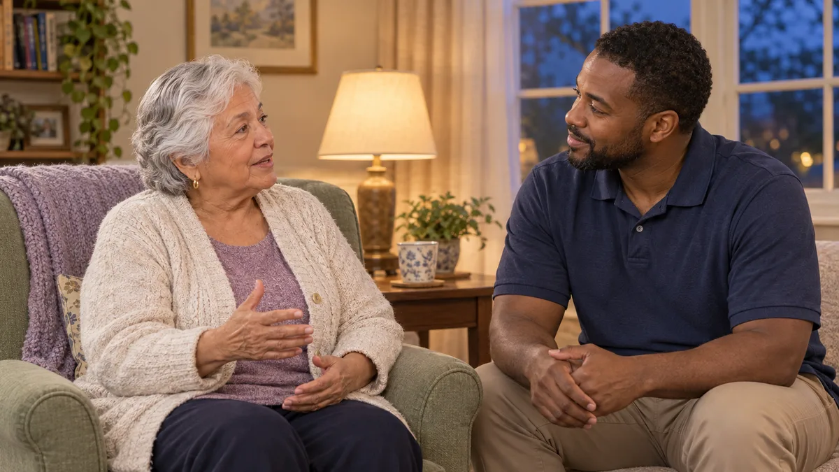 Illustrative scene of an older woman talking with a caregiver in her living room in the evening