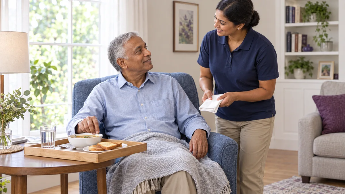 Illustrative scene of a caregiver bringing a meal tray to an older man resting in his armchair at home