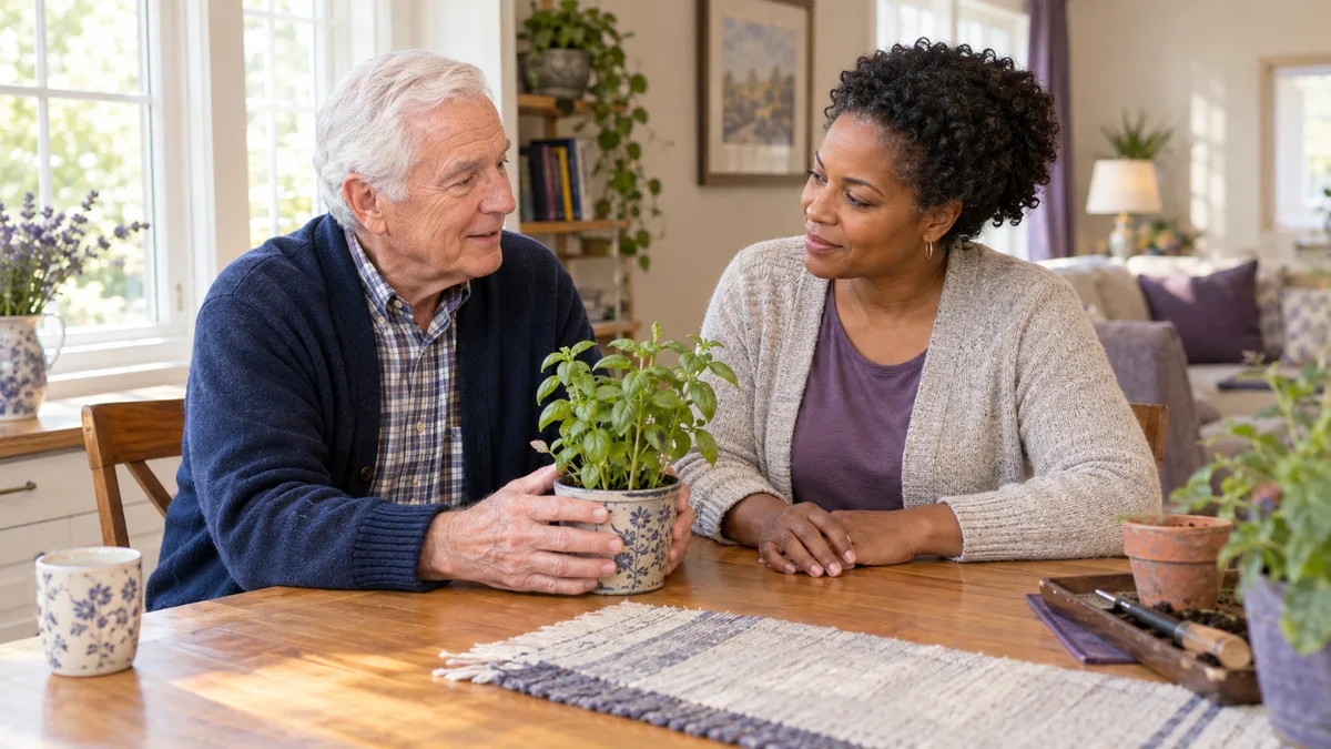 Illustrative scene of an older adult and a companion discussing a potted plant at home
