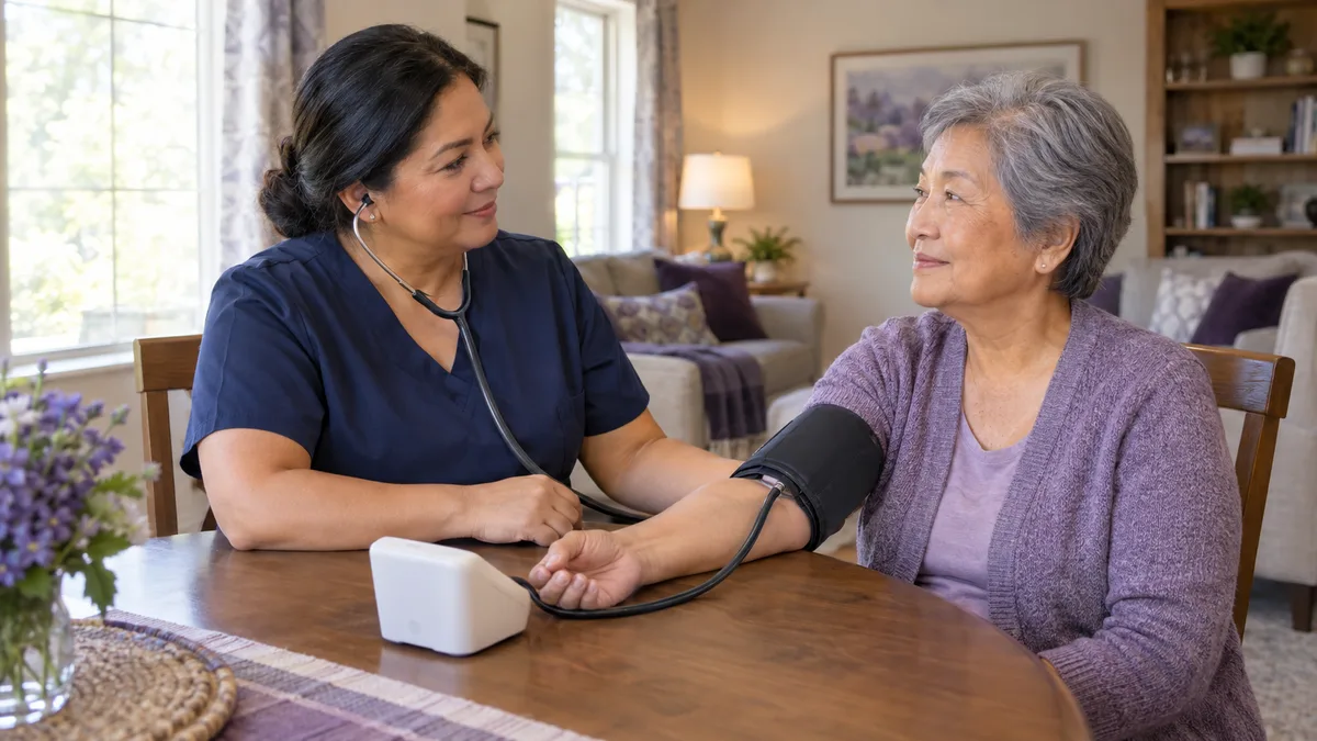 Illustrative scene of a nurse checking an older adult&rsquo;s blood pressure at home