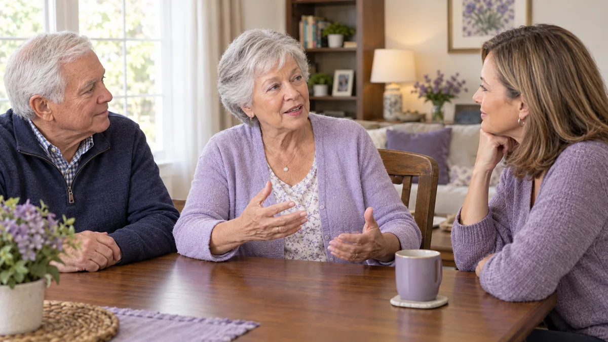 Illustrative scene of older parents sharing a warm conversation with their adult daughter at home